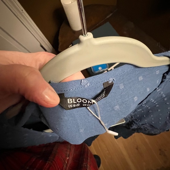 BloomChic steel blue dotted Swiss short sleeved, below knee dress w/crochet trim - Picture 8 of 8